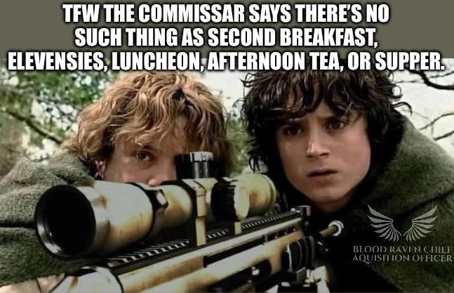 TFW THE COMMISSAR SAYS THERE'S NO SUCH THING AS SECOND BREAKFAST, ELEVENSIES, LUNCHEON, AFTERNOON TEA, OR SUPPER BLOOD RAVEN CHIEF AQUISITION OFFICER