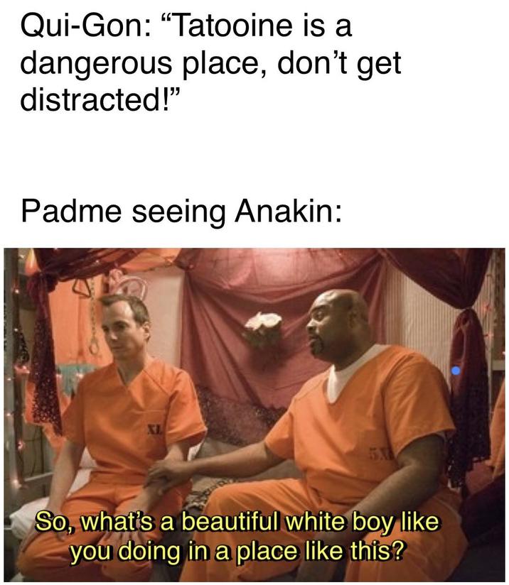 Qui-Gon: "Tatooine is a dangerous place, don't get distracted!" Padme seeing Anakin: 51 So, what's a beautiful white boy like you doing in a place like this?