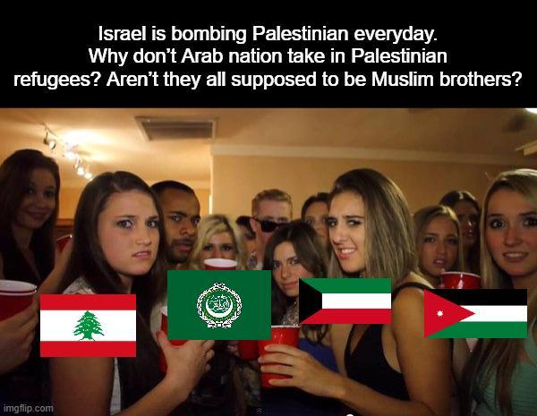 Israel is bombing Palestinian everyday. Why don't Arab nation take in Palestinian refugees? Aren't they all supposed to be Muslim brothers? imgflip.com