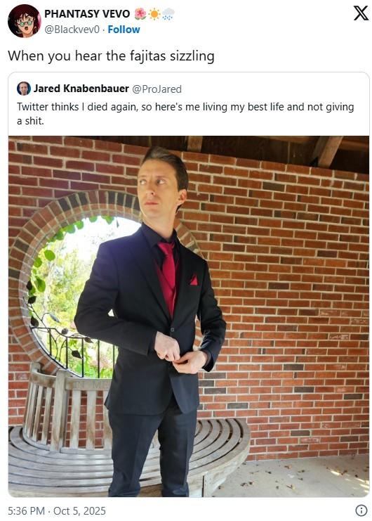 A post reading, "When you hear the fajitas sizzling." The post is a response to a ProJared image.