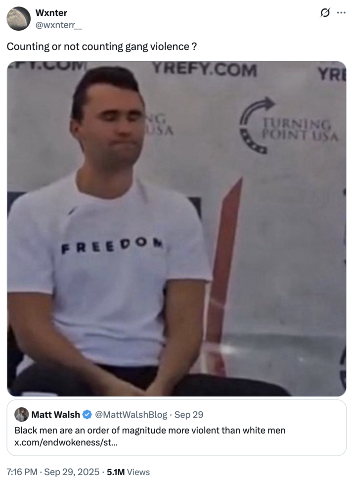Counting or not counting gang violence ? A "tweet":https://knowyourmeme.com/memes/sites/twitter-x using the image of "Charlie Kirk":https://knowyourmeme.com/memes/people/charlie-kirk with his eyes closed moments before he "was shot and killed at Utah Valley University":https://knowyourmeme.com/memes/events/charlie-kirk-shooting-at-utah-valley-university in September 2025. The image became a controversial "reaction image":https://knowyourmeme.com/memes/reaction-images on "Twitter / X":https://knowyourmeme.com/memes/sites/twitter-x in the following weeks.