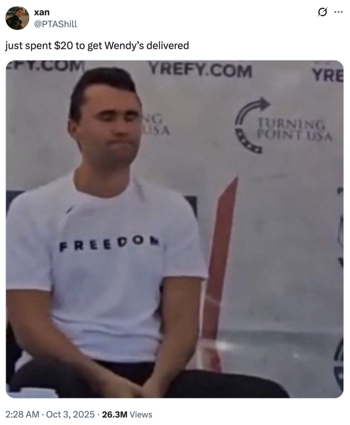 A "tweet":https://knowyourmeme.com/memes/sites/twitter-x using the image of "Charlie Kirk":https://knowyourmeme.com/memes/people/charlie-kirk with his eyes closed moments before he "was shot and killed at Utah Valley University":https://knowyourmeme.com/memes/events/charlie-kirk-shooting-at-utah-valley-university in September 2025. The image became a controversial "reaction image":https://knowyourmeme.com/memes/reaction-images on "Twitter / X":https://knowyourmeme.com/memes/sites/twitter-x in the following weeks.