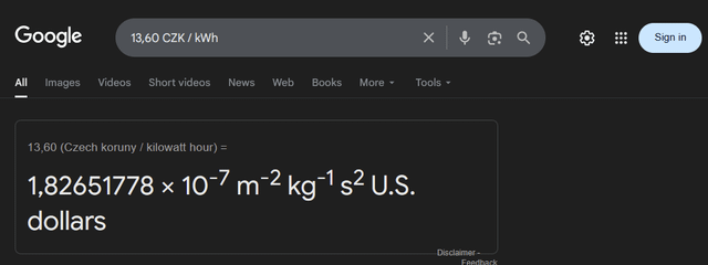Google 13,60 CZK/kWh All Images Videos Short videos News Web Books More ▾ Tools ▾ 13,60 (Czech koruny / kilowatt hour) = 1,82651778 × 10-7 m²² kg-1 s² U.S. dollars Disclaimer- Feedback Q Sign in
