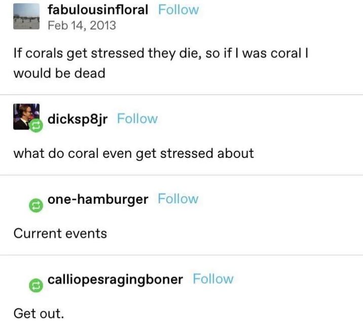 fabulousinfloral Follow Feb 14, 2013 If corals get stressed they die, so if I was coral I would be dead dicksp8jr Follow what do coral even get stressed about one-hamburger Follow Current events calliopesragingboner Follow Get out.