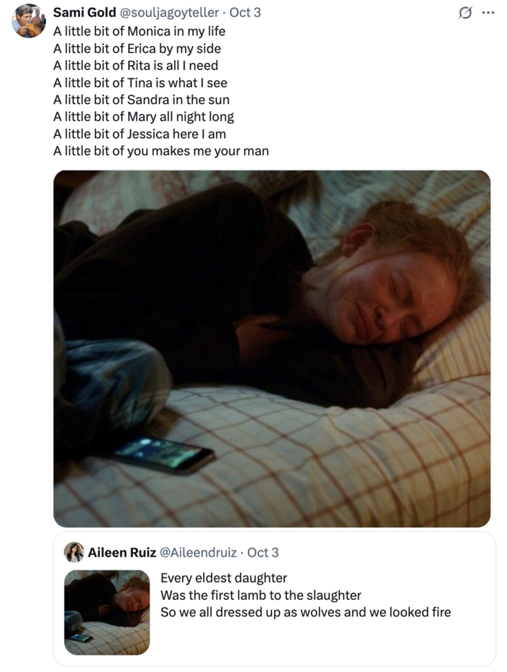 X user @souljagoyteller tweeted lyrics from Lou Bega's "Mambo No. 5" to mock X user @Aileendruiz for suggesting that she cried to the lyrics, "Every eldest daughter / Was the first lamb to the slaughter / So we all dressed up as wolves and we looked fire."