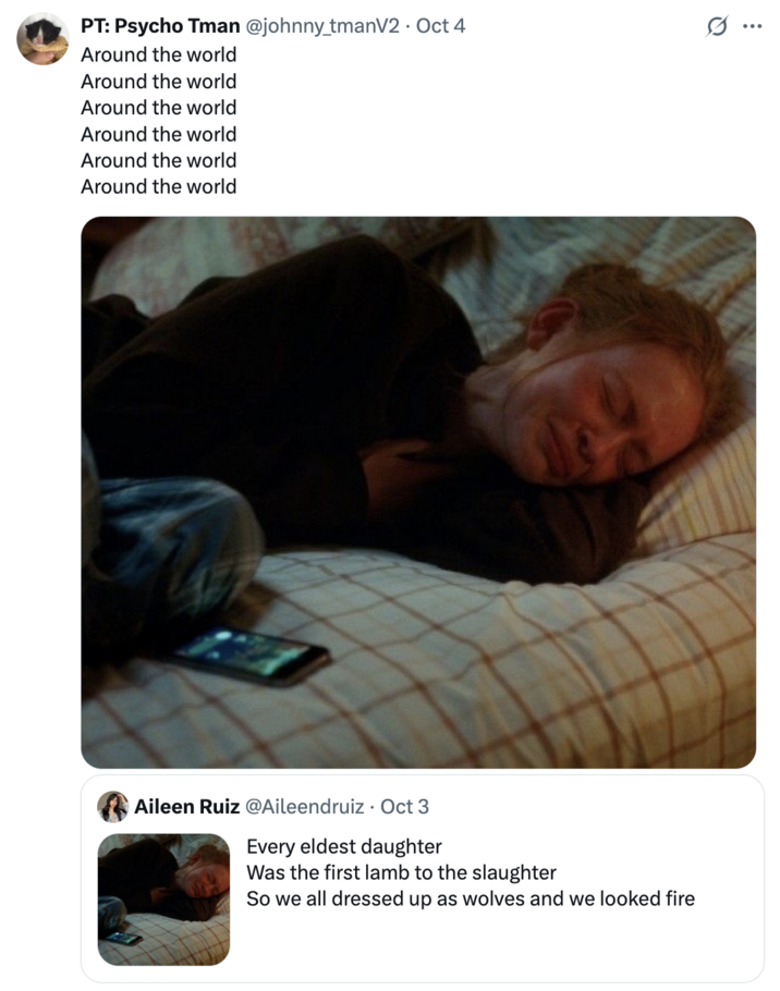 X user @johnny_tmanV2 tweeted, "Around the world, Around the world," in reference to lyrics from a Daft Punk song of the same name. The post appeared to mock X user @Aileendruiz for suggesting that they cried to the Taylor Swift lyrics, "So we all dressed up as wolves and we looked fire."
