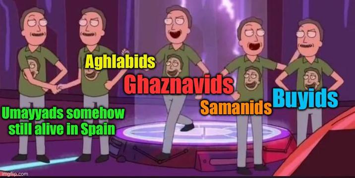 Aghlabids Umayyads somehow still alive in Spain Ghaznavids Samanids Buyids imgflip.com