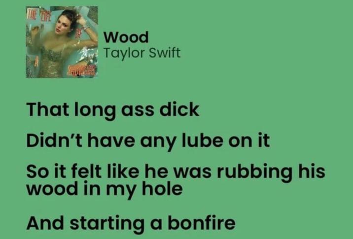 THE POPE Wood Taylor Swift That long ass d--- Didn't have any lube on it So it felt like he was rubbing his wood in my hole And starting a bonfire