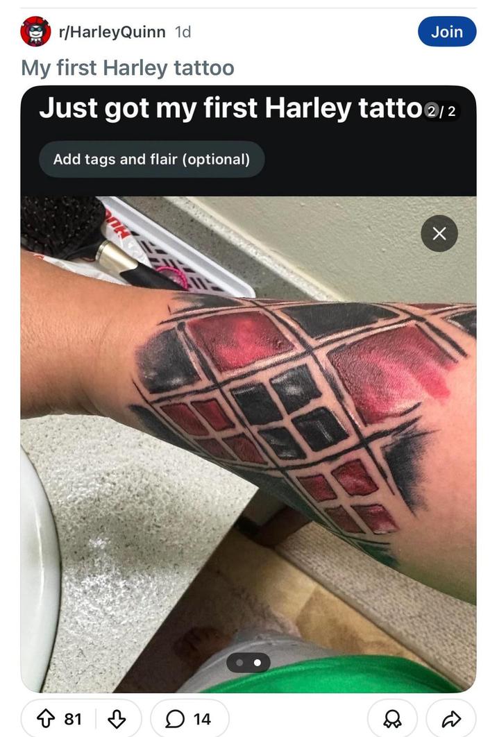 r/Harley Quinn 1d My first Harley tattoo Join Just got my first Harley tatto2/2 Add tags and flair (optional) + 81 д ☐ 14 ୫ R