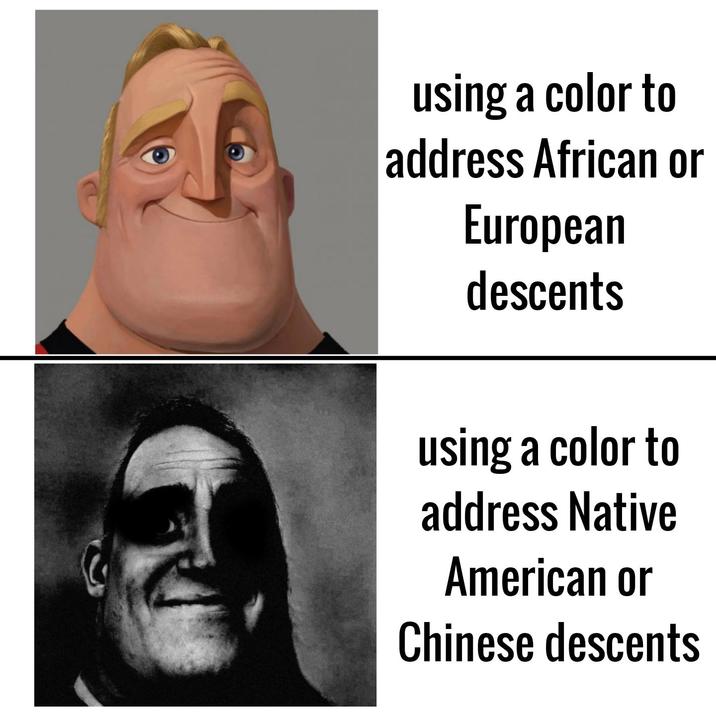 using a color to address African or European descents using a color to address Native American or Chinese descents