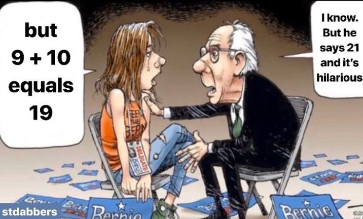 A meme by stdabbers. The meme shows Bernie Sanders explaining the "21 meme":https://knowyourmeme.com/memes/9-10-21 to a supporter.