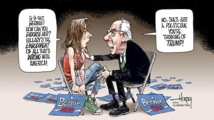 A comic by David Horsey made in 2016. The meme is about Bernie's endorsement of Hillary Clinton.