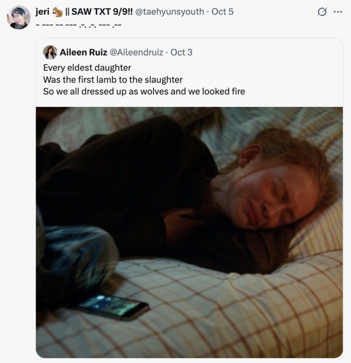 On October 5th, X user @taehyunsyouth tweeted, "- --- -- --- .-. .-. --- .--"
