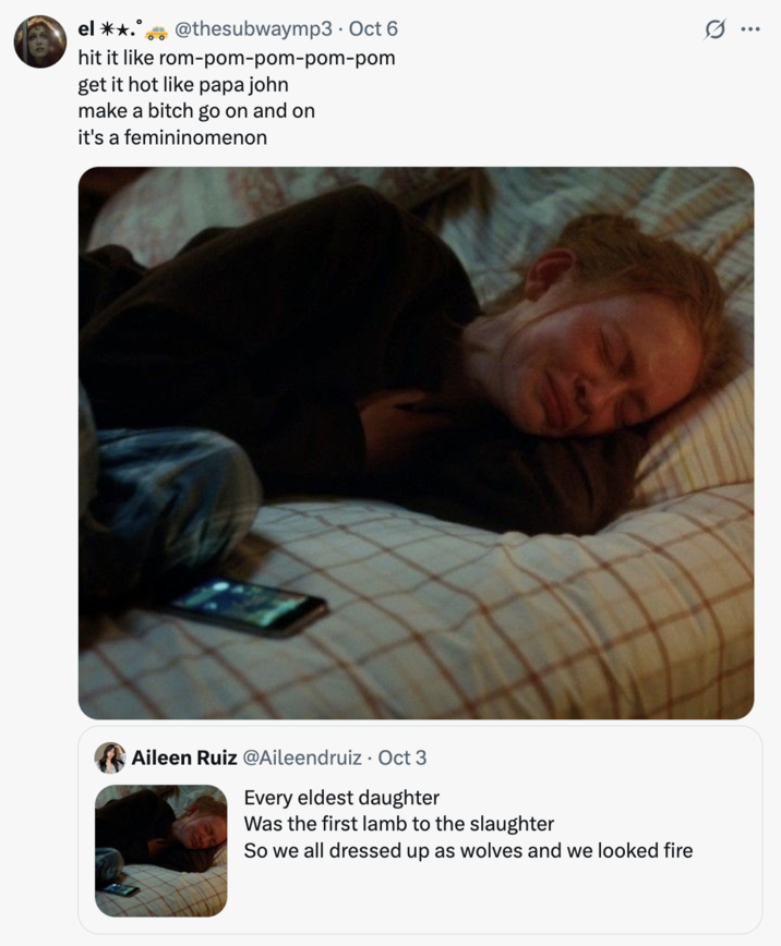 X user @thesubwaymp3 tweeted, "hit it like rom-pom-pom-pom-pom
get it hot like papa john
make a bitch go on and on
it's a femininomenon," gathering over 15,000 likes in two days.
