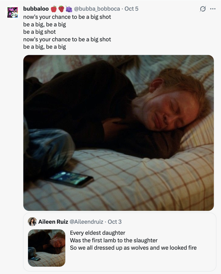 X user @bubba_bobboca tweeted, "now's your chance to be a big shot
be a big, be a big
be a big shot
now's your chance to be a big shot
be a big, be a big," gathering over 8,000 likes in three days.
