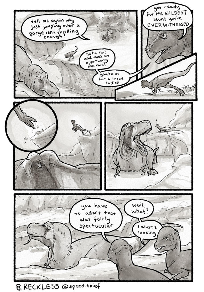 tell me again why just jumping over a gorge isn't thrilling enough? ho ho ho! and miss an Opportunity like this? you're in for a treat, ladies get ready for the WILDEST Stunt you've EVER WITNESSED you have to admit that was fairly Spectacular wait, what? I wasn't looking 8. RECKLESS @speed.thief