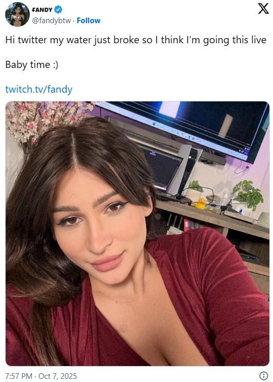 Hi twitter my water just broke so I think I’m going this live A tweet by Fandy. In the tweet she announces that she is giving birth live.