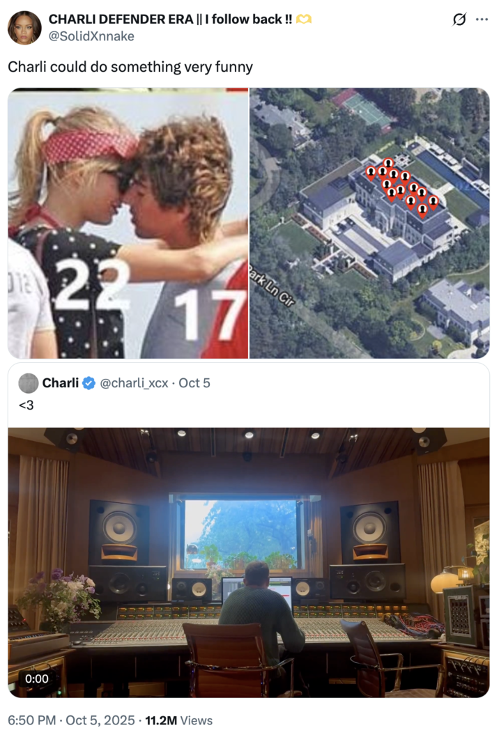 A "quote-tweet":https://knowyourmeme.com/memes/quote-retweets-qrts suggesting that Charli XCX should release a ""Not Like Us":https://knowyourmeme.com/memes/not-like-us" diss track against "Taylor Swift":https://knowyourmeme.com/memes/people/taylor-swift, concerning her past relationships with younger men, including Harry Styles, Taylor Lautner and Conor Kennedy, when they were roughly 17 and 18.