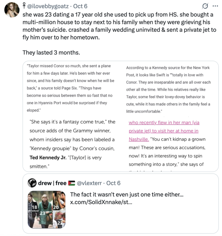 A "quote-tweet":https://knowyourmeme.com/memes/quote-retweets-qrts suggesting that Charli XCX should release a ""Not Like Us":https://knowyourmeme.com/memes/not-like-us" diss track against "Taylor Swift":https://knowyourmeme.com/memes/people/taylor-swift, concerning her past relationships with younger men, including Harry Styles, Taylor Lautner and Conor Kennedy, when they were roughly 17 and 18.