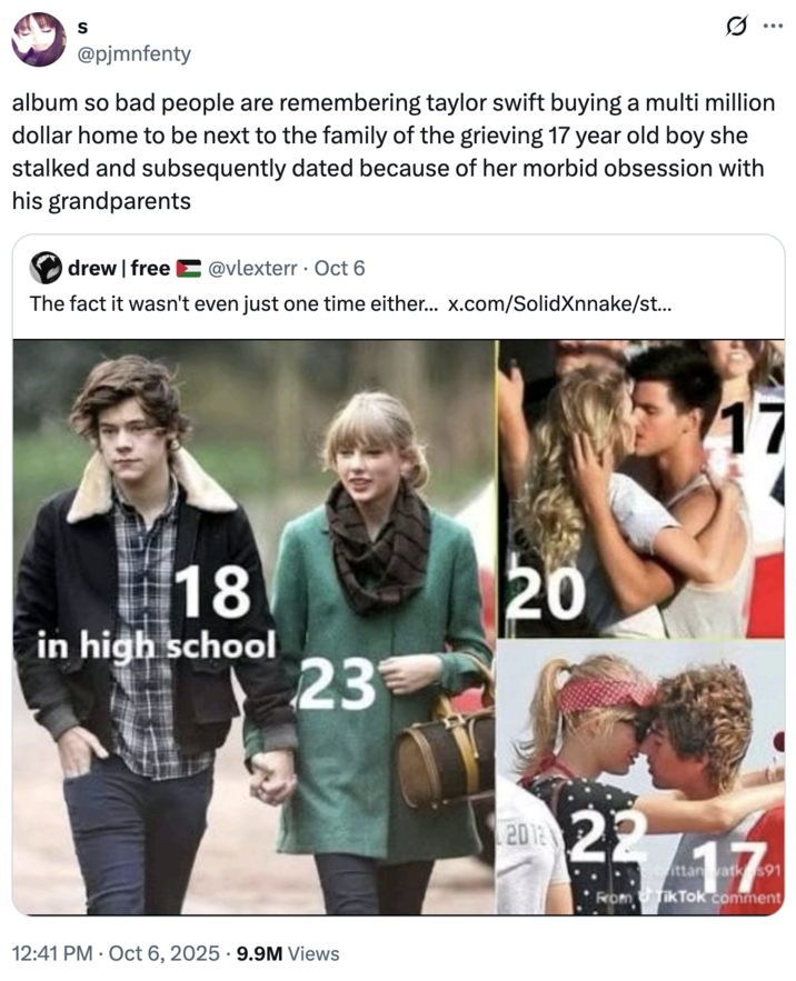 A "quote-tweet":https://knowyourmeme.com/memes/quote-retweets-qrts suggesting that Charli XCX should release a ""Not Like Us":https://knowyourmeme.com/memes/not-like-us" diss track against "Taylor Swift":https://knowyourmeme.com/memes/people/taylor-swift, concerning her past relationships with younger men, including Harry Styles, Taylor Lautner and Conor Kennedy, when they were roughly 17 and 18.