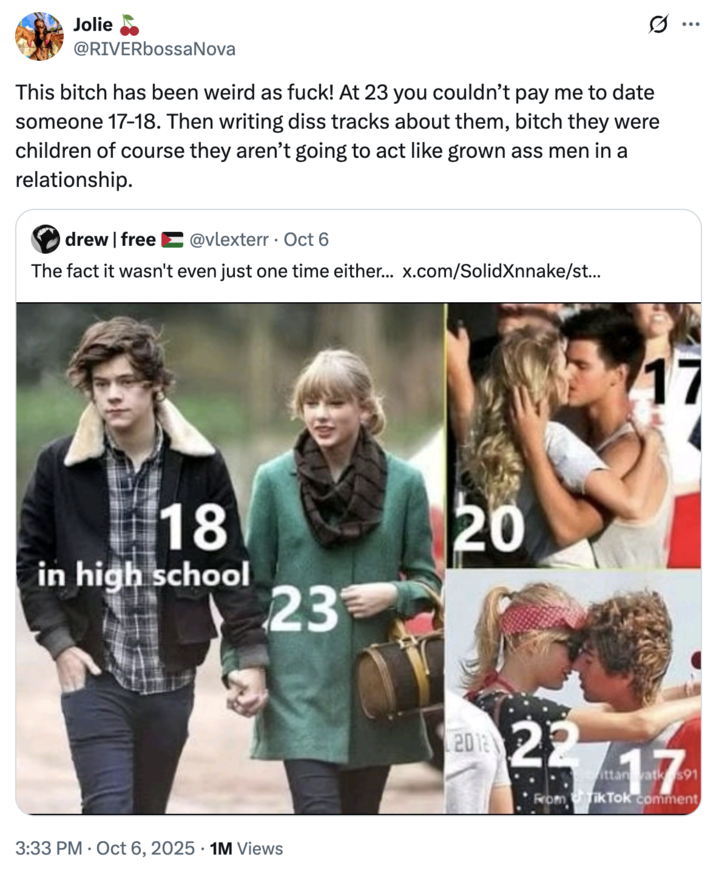 A "quote-tweet":https://knowyourmeme.com/memes/quote-retweets-qrts suggesting that Charli XCX should release a ""Not Like Us":https://knowyourmeme.com/memes/not-like-us" diss track against "Taylor Swift":https://knowyourmeme.com/memes/people/taylor-swift, concerning her past relationships with younger men, including Harry Styles, Taylor Lautner and Conor Kennedy, when they were roughly 17 and 18.