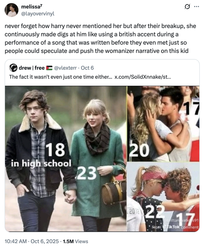 A "quote-tweet":https://knowyourmeme.com/memes/quote-retweets-qrts suggesting that Charli XCX should release a ""Not Like Us":https://knowyourmeme.com/memes/not-like-us" diss track against "Taylor Swift":https://knowyourmeme.com/memes/people/taylor-swift, concerning her past relationships with younger men, including Harry Styles, Taylor Lautner and Conor Kennedy, when they were roughly 17 and 18.