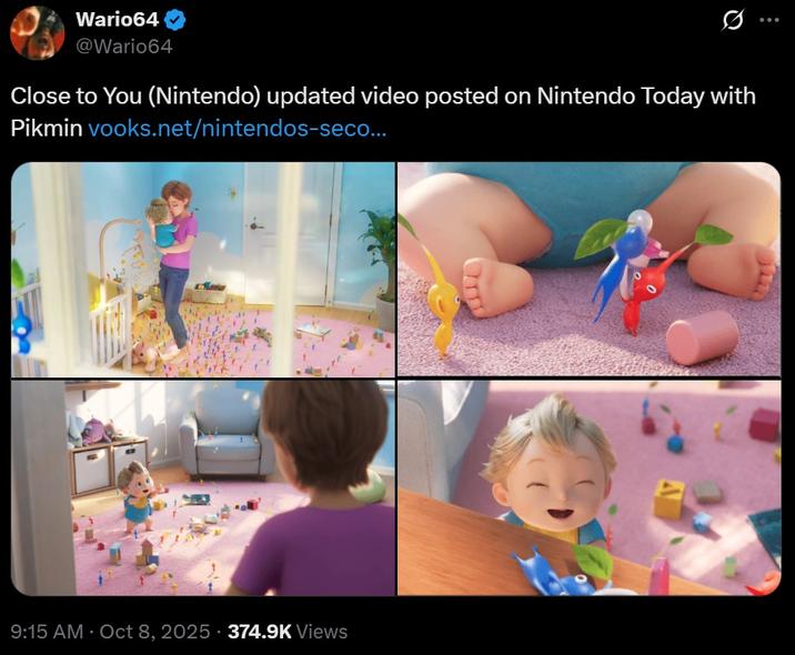 Close to You (Nintendo) updated video posted on Nintendo Today with Pikmin Screenshots of the updated Close To You animation. The animation now has Pikmin.