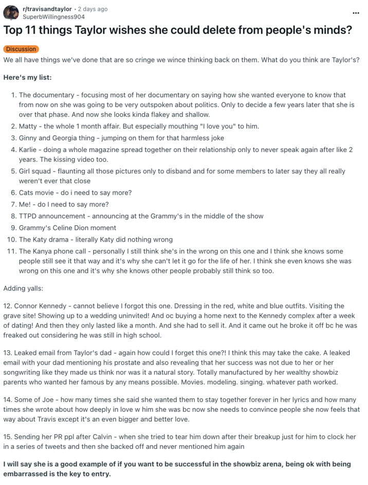 A "Reddit":https://knowyourmeme.com/memes/sites/reddit post to the /r/travisandtaylor subreddit about "Top 11 things Taylor wishes she could delete from people's minds?"