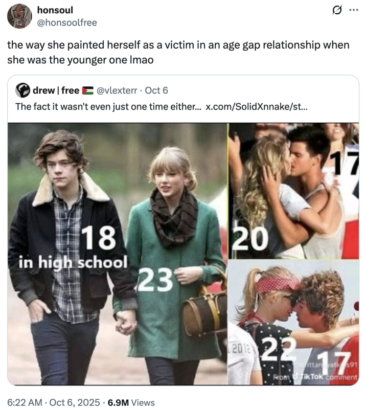 A "quote-tweet":https://knowyourmeme.com/memes/quote-retweets-qrts suggesting that Charli XCX should release a ""Not Like Us":https://knowyourmeme.com/memes/not-like-us" diss track against "Taylor Swift":https://knowyourmeme.com/memes/people/taylor-swift, concerning her past relationships with younger men, including Harry Styles, Taylor Lautner and Conor Kennedy, when they were roughly 17 and 18.