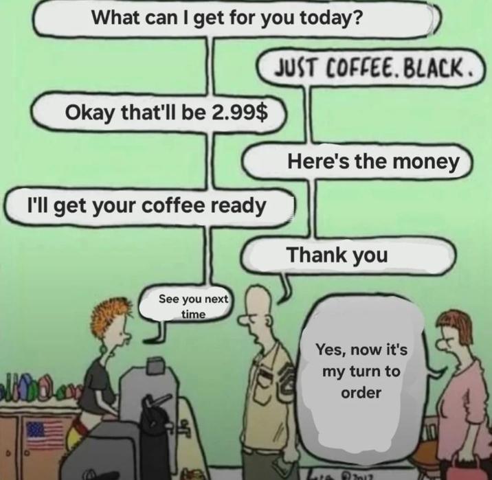 my turn to order What can I get for you today? Okay that'll be 2.99$ I'll get your coffee ready See you next time JUST COFFEE. BLACK. Here's the money Thank you Yes, now it's my turn to order 9 Late B2017
