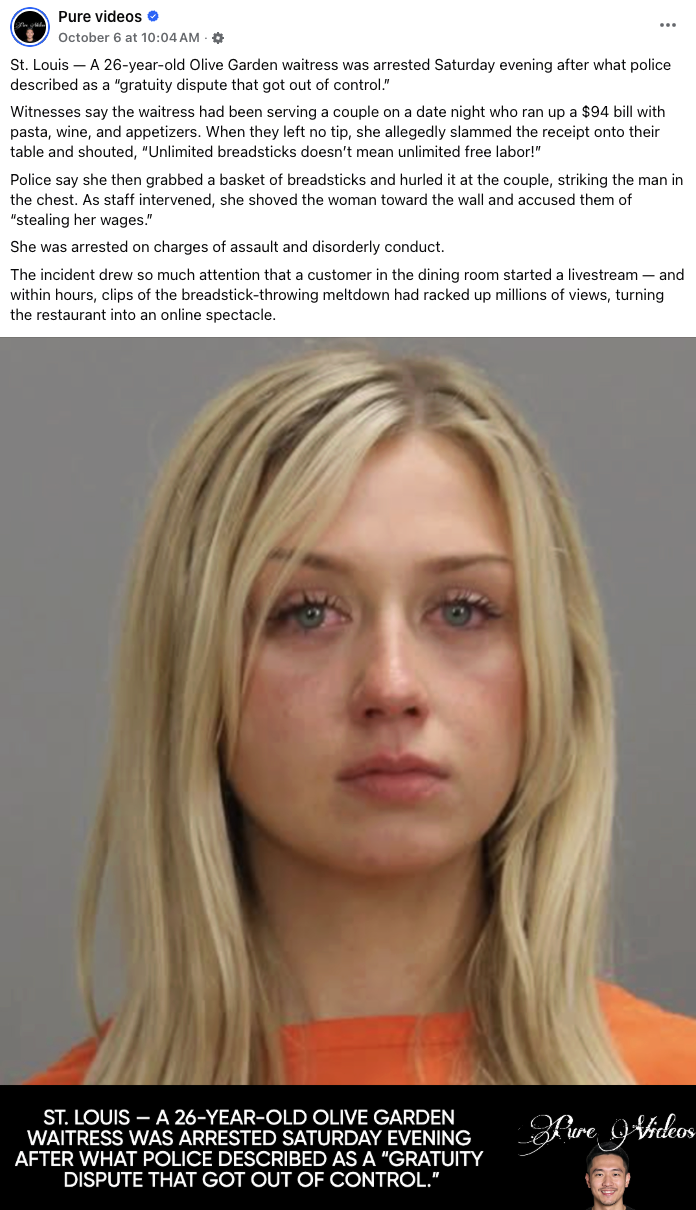 Another Facebook Post A "Facebook":https://knowyourmeme.com/memes/sites/facebook-meta post that spread the rumor that a "viral video":https://knowyourmeme.com/memes/viral-videos existed of an Olive Garden waitress, who was seen throwing breadsticks out of anger.