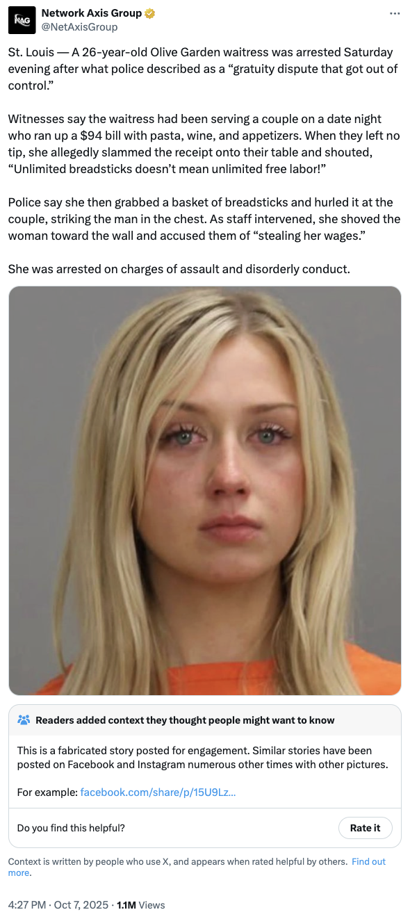 Twitter / X @NetAxisGroup A "tweet":https://knowyourmeme.com/memes/sites/twitter-x that spread the rumor that a "viral video":https://knowyourmeme.com/memes/viral-videos existed of an Olive Garden waitress, who was seen throwing breadsticks out of anger.