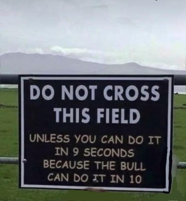 DO NOT CROSS THIS FIELD UNLESS YOU CAN DO IT IN 9 SECONDS BECAUSE THE BULL CAN DO IT IN 10