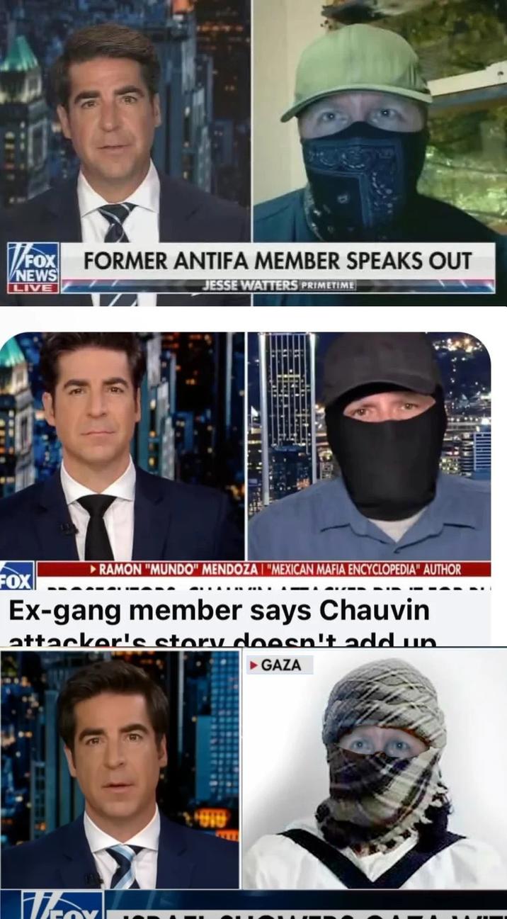 An image suggesting that Fox News uses the same man as an anonymous source in several videos. The third image of the man as a Gazan is fake.
