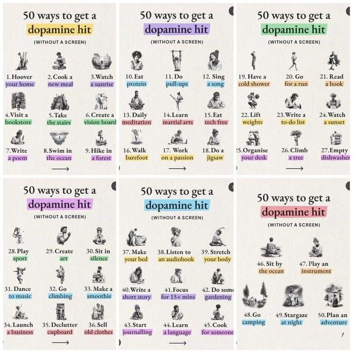 50 ways to get a dopamine hit (WITHOUT A SCREEN) 50 ways to get a dopamine hit (WITHOUT A SCREEN) 50 ways to get a dopamine hit (WITHOUT A SCREEN) 1. Hoover your home 2. Cook a new meal 3.Watch a sunrise 10. Eat protein 11. Do pull-ups 12. Sing a song 19. Have a cold shower 20. Go for a run 4. Visit a bookstore 5.Take the stairs 6. Create a vision board 13. Daily meditation 14. Learn martial arts 15. Eat tech free 7.Write a poem 8. Swim in the ocean 9. Hike in a forest 16. Walk barefoot 17. Work on a passion 18. Do a jigsaw 22. Lift weights 15.Organise your desk 23. Write a to-do list 21. Read a book 24. Watch a sunset 26. Climb a tree 27.Empty dishwasher 50 ways to get a dopamine hit (WITHOUT A SCREEN) 50 ways to get a dopamine hit (WITHOUT A SCREEN) 50 ways to get a dopamine hit (WITHOUT A SCREEN) 28. Play sport 29. Create art 30. Sit in silence 37. Make your bed 38. Listen to an audiobook 39. Stretch your body 46. Sit by the ocean 31. Dance to music 32. Go climbing 33. Make a smoothie 34. Launch a business 40. Write a short story 41.Focus for 15+ mins 42. Do some gardening 35. Declutter cupboard 36. Sell old clothes 43.Start journalling 44. Learn a language 45. Cook for someone 48. Go camping 47. Play an instrument 49.Stargaze at night 50. Plan an adventure