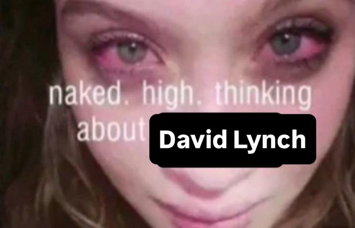 A meme of a woman with bloodshot eyes. The caption reads, "Naked. High. Thinking About david lynch."