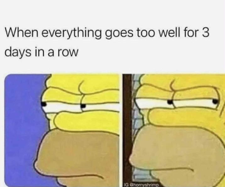 When everything goes too well for 3 days in a row IG @hornyshrimp