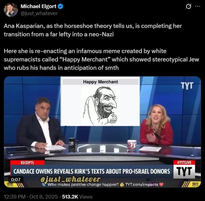 Ana Kasparian Horseshoe Theory A post responding to a viral video of Ana Kasparian. The post accuses her of being a nazi.