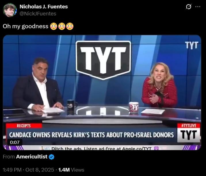 Nick Fuentes Responds to Ana Kasparian Happy Merchant Video A tweet by Nick Fuentes. In the tweet he reacts with blushing Emojis to Kasparian seemingly mimicking the Happy Merchant.