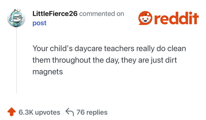 LittleFierce26 commented on post reddit Your child's daycare teachers really do clean them throughout the day, they are just dirt magnets 6.3K upvotes 76 replies