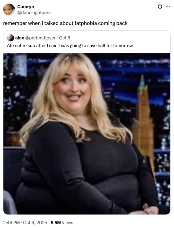 remember when i talked about fatphobia coming back A "tweet":https://knowyourmeme.com/memes/sites/twitter-x using the "AI image":https://knowyourmeme.com/memes/cultures/ai-art of "Sabrina Carpenter":https://knowyourmeme.com/memes/people/sabrina-carpenter as an obese woman on "_The Tonight Show Starring Jimmy Fallon_":https://knowyourmeme.com/memes/people/jimmy-fallon.