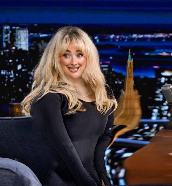 A "tweet":https://knowyourmeme.com/memes/sites/twitter-x using the "AI image":https://knowyourmeme.com/memes/cultures/ai-art of "Sabrina Carpenter":https://knowyourmeme.com/memes/people/sabrina-carpenter as an obese woman on "_The Tonight Show Starring Jimmy Fallon_":https://knowyourmeme.com/memes/people/jimmy-fallon.