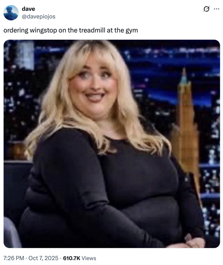 ordering wingstop on the treadmill at the gym A "tweet":https://knowyourmeme.com/memes/sites/twitter-x using the "AI image":https://knowyourmeme.com/memes/cultures/ai-art of "Sabrina Carpenter":https://knowyourmeme.com/memes/people/sabrina-carpenter as an obese woman on "_The Tonight Show Starring Jimmy Fallon_":https://knowyourmeme.com/memes/people/jimmy-fallon.