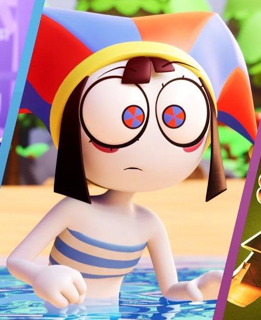 An image of Pomni from The Amazing Digital Circus. In the image she is wearing a bikini and is in the ocean at the beach.