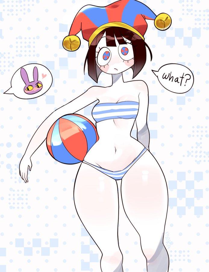 Pomni Making Jax Blush Fan art of Pomni in a bikini with a beach ball. The art is by Mokkato18.