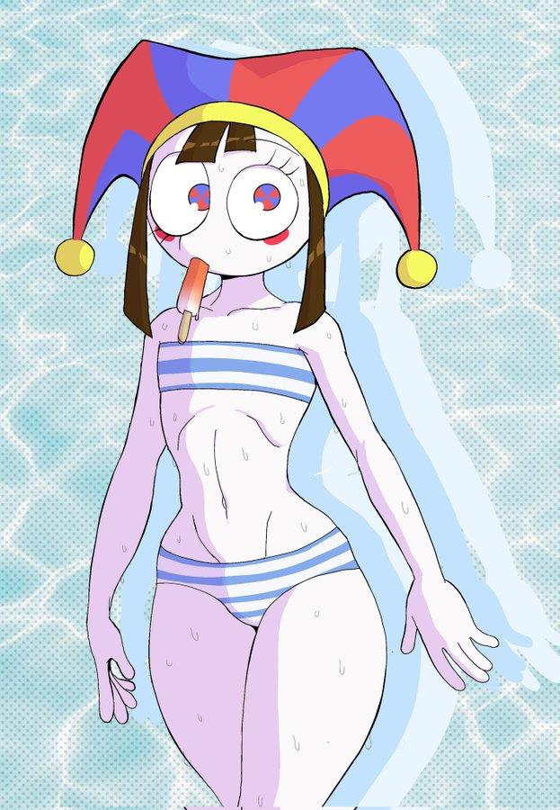 Pomni: Bikini Edition Art by newnerevar. The art shows Pomni in a bikini with a popsicle.
