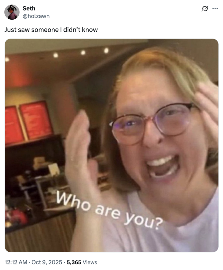 X user @holzawn posted the "Who Are You?" reaction meme alongside a post that read, "Just saw someone I didn't know."