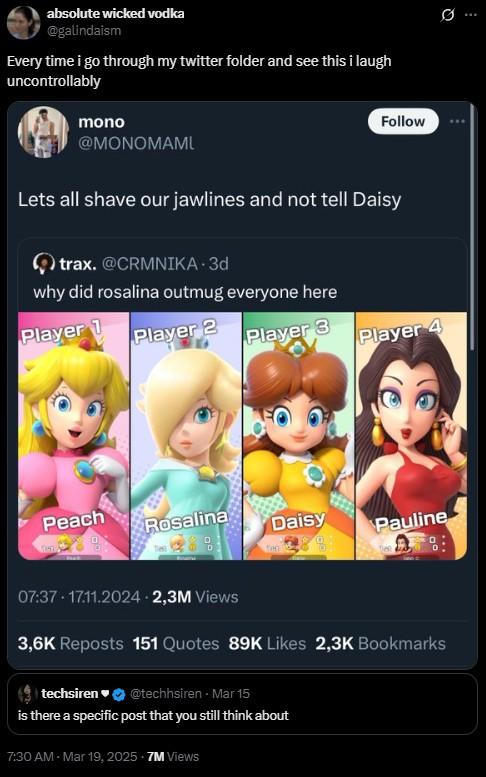 absolute wicked vodka @galindaism Every time i go through my twitter folder and see this i laugh uncontrollably mono @MONOMAML Follow Lets all shave our jawlines and not tell Daisy trax. @CRMNIKA.3d why did rosalina outmug everyone here Player 1 Player 2 Player 3 Player 4 Peach Rosalina Daisy Pauline 07:37 17.11.2024 - 2,3M Views 3,6K Reposts 151 Quotes 89K Likes 2,3K Bookmarks techsiren❤❤ @techhsiren - Mar 15 is there a specific post that you still think about 7:30 AM - Mar 19, 2025 - 7M Views 0
