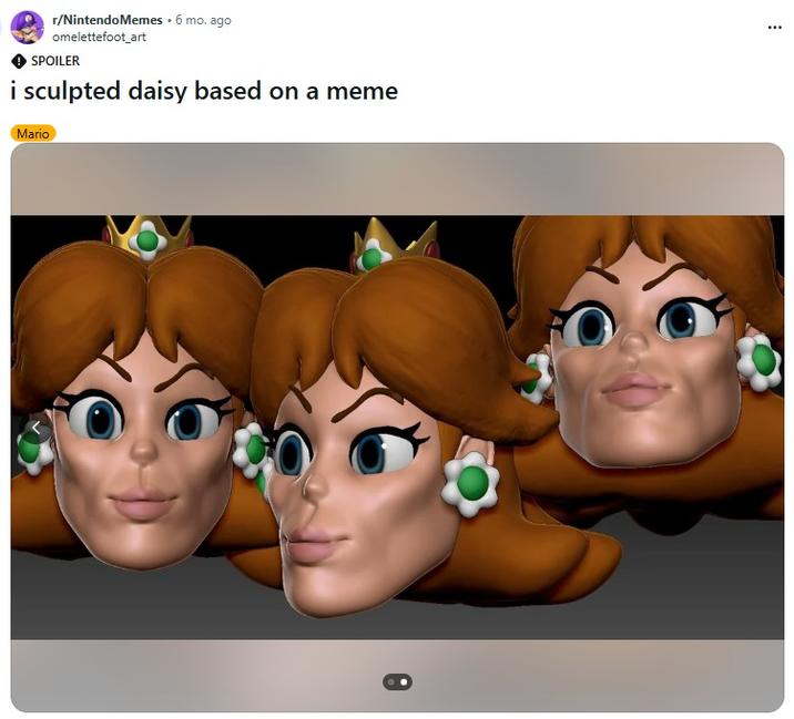A Reddit post about someone who sculpted Daisy based on a meme. The meme is the "let's all shave our jawlines" tweet.