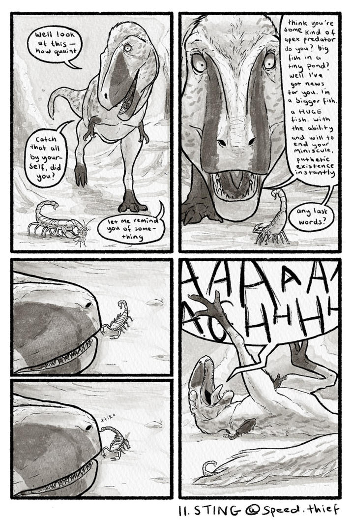 well look at this how quaint Catch that all by your- Self, did you? think you're Some kind of apex predator do you? big fish in a tiny pond? well I've got news for you. I'm 9 bigger fish. a HUGE fish. with the ability and will to end your Miniscule, pathetic existence instantly *tik* let me remind you of some- thing any last words? AADAA 11. STING@Speed. thief